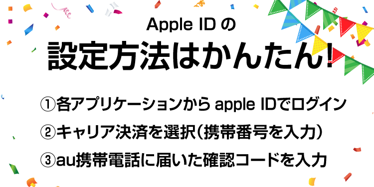 Apple IDへの設定方法はかんたん！　1.各アプリケーションからapple IDでログイン　2.キャリア決済を選択（携帯番号を入力）　3.au携帯電話に届いた確認コードを入力　たったこれだけ