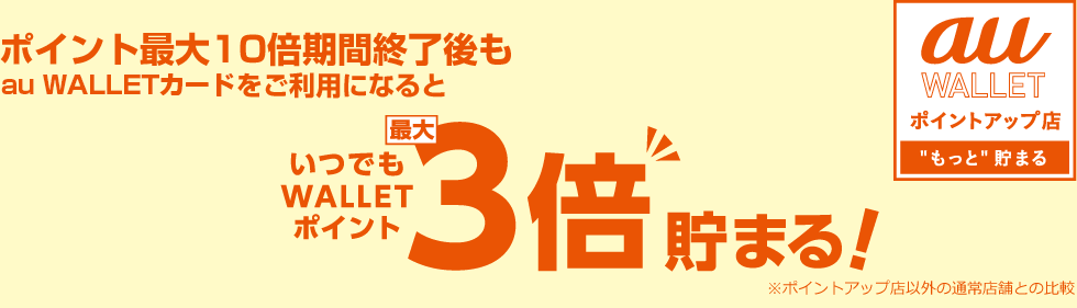 ポイント最大10倍期間終了後もポイントアップ店なら au WALLET をご利用になると ●●● なら いつでも WALLET ポイント最大3倍貯まる！