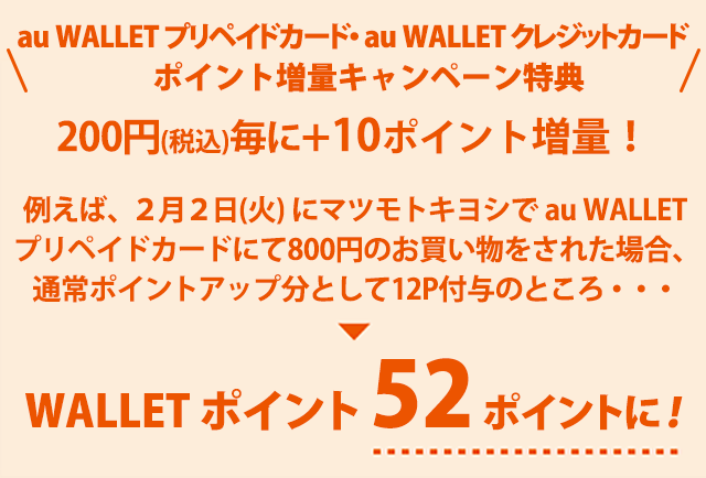 au WALLET プリペイドカード、au WALLET クレジットカード  200円（税込）毎に＋10ポイント増量！