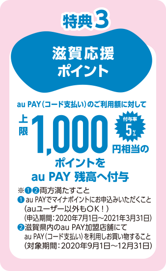 特典３：au PAY（コード払い）のご利用額に対して、上限1,000円相当のポイントをau PAY 残高へ付与