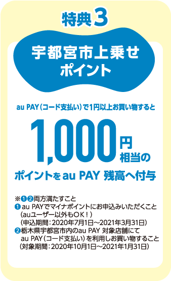 特典３：au PAY（コード払い）のご利用額に対して、上限1,000円相当のポイントをau PAY 残高へ付与