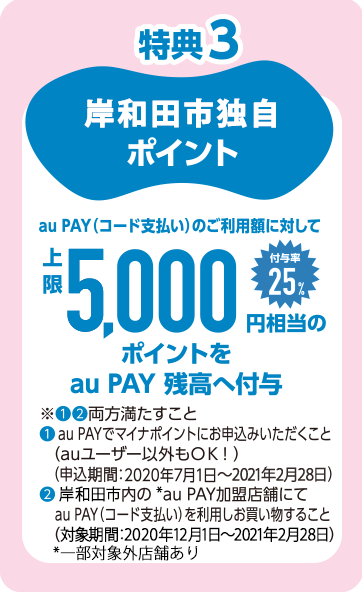 特典３：岸和田市独自ポイント　au PAY（コード払い）のご利用額に対して、上限5,000円相当のポイントをau PAY 残高へ付与