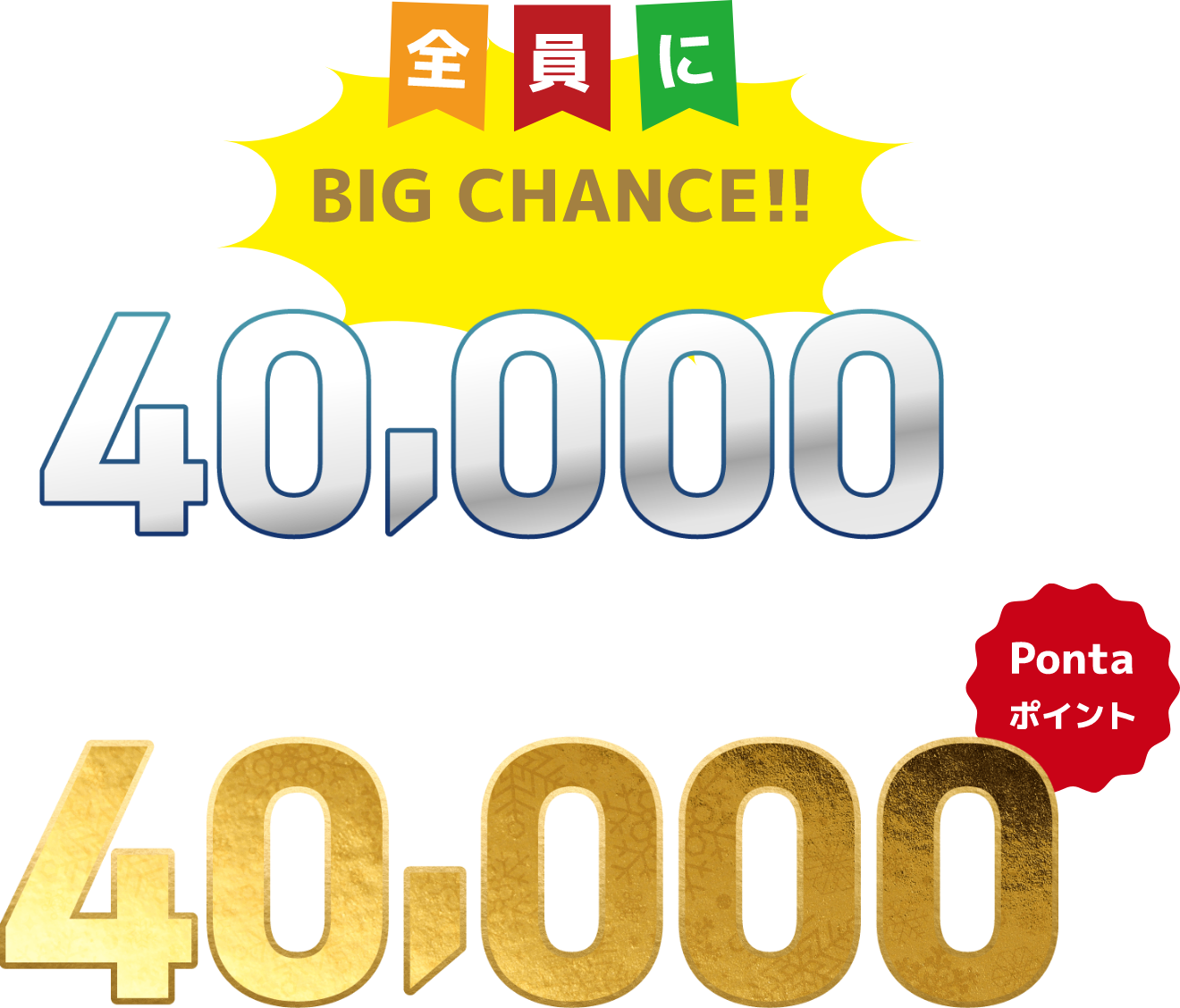 全員にBIG CHANCE!! 税込40,000円以上のご利用で50名さまに抽選で40,000Pontaポイントプレゼント！