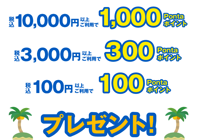 税込10,000円以上ご利用で1,000Pontaポイント｜税込3,000円以上ご利用で300Pontaポイント｜税込100円以上ご利用で100Pontaポイントプレゼント!!