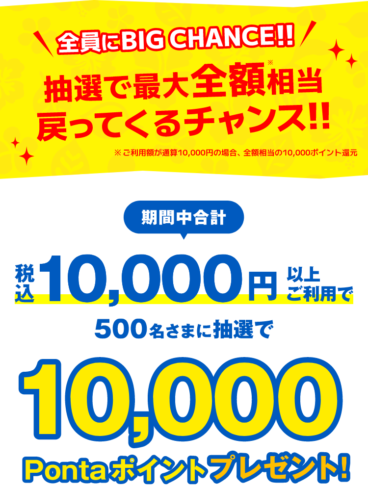 全員にBIG CHANCE!! 抽選で最大全額※相当戻ってくるチャンス！(※ご利用額が通算10,000円の場合、全額相当の10,000ポイント還元)