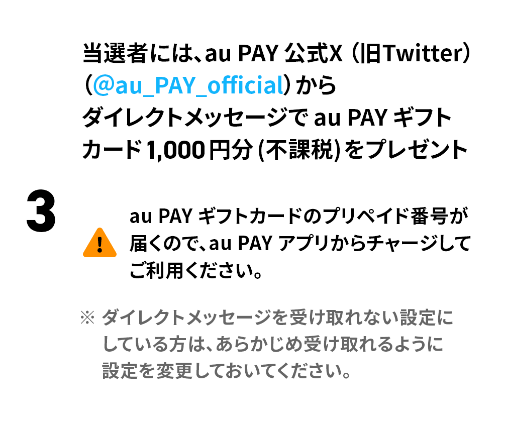 3. 当選者には、au PAY 公式Twitter（@au_PAY_official）からダイレクトメッセージでau PAY ギフトカード1,000円分（不課税）をプレゼント